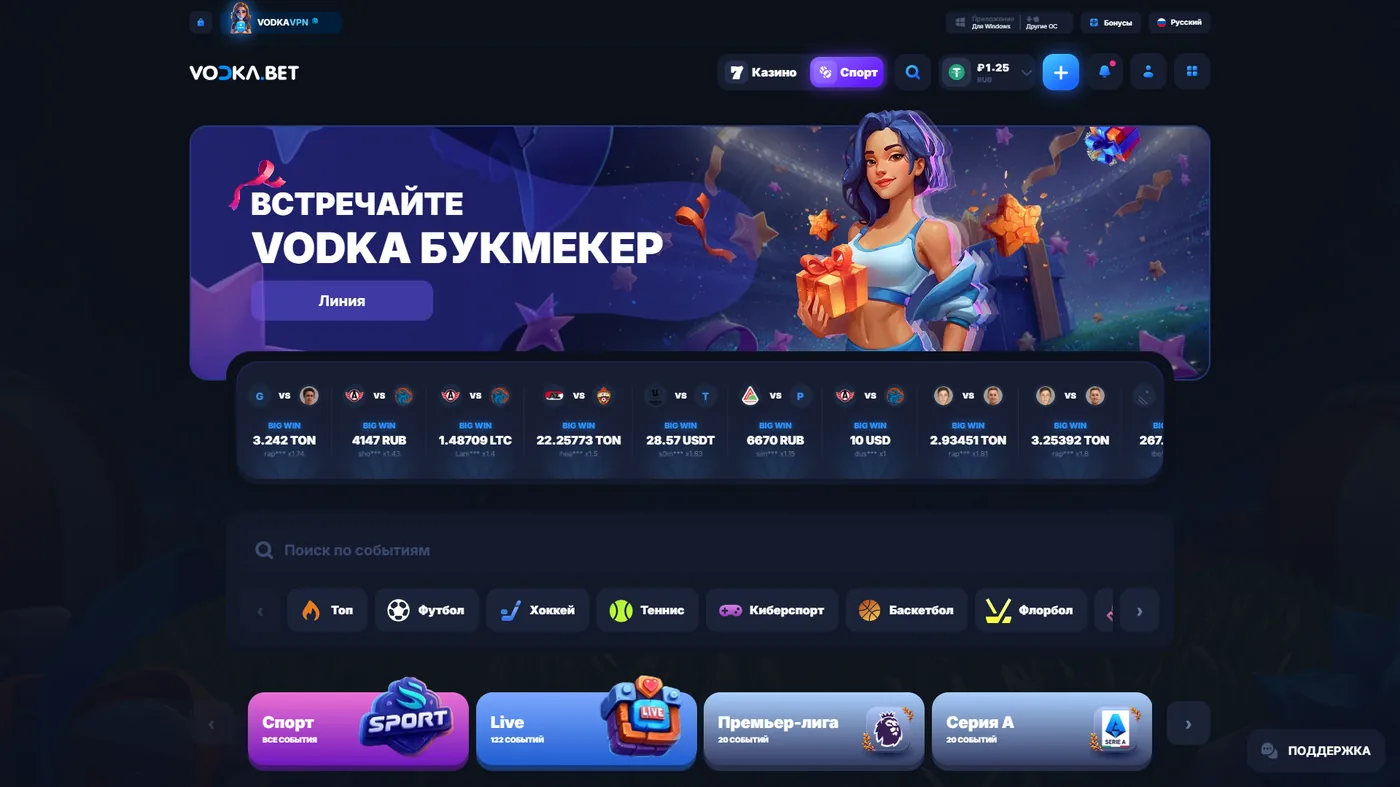 Линия ставок на спорт в букмекерской конторе Vodka Bet